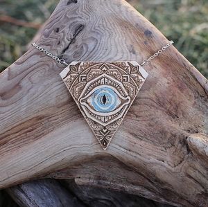 Wood Third eye Mandala necklace with turquoise.